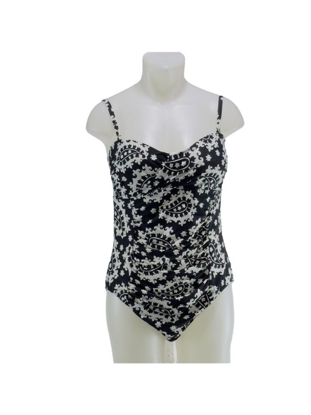 ANNE COLE Women's Swimsuit One Piece Nylon Black White Paisley Pattern Size 14